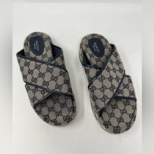 Gucci Angelina GG Monogram Criss Cross Canvas Leather Blue Platform Mule size 40